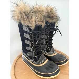Sorel Black Faux Fur Lace Up Waterproof Winter Boots Women’s Size 6